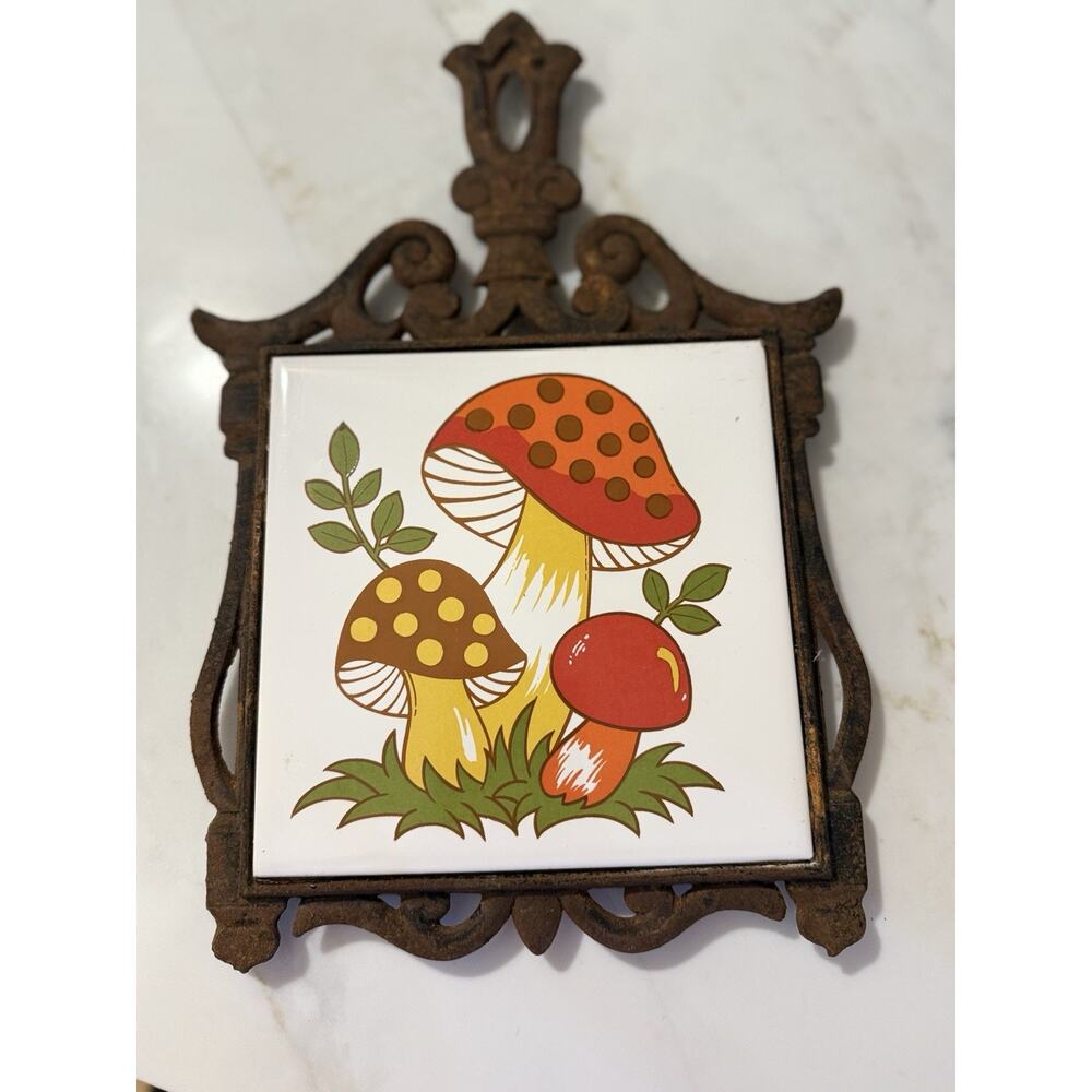 Vintage 70's Merry Mushroom Sears Japan Ceramic Cast Iron Trivet